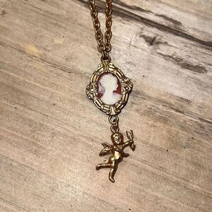 Raffine Estate Carved Victorian Cameo With Dangling Angel 14 KT GF